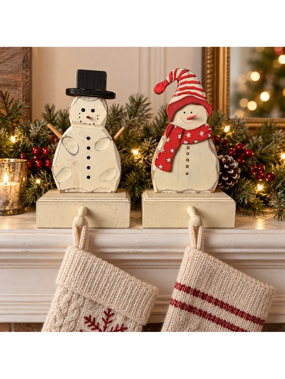 Wood Snowman Stocking Holders Set of 2 Primitive Christmas Mantel Decor